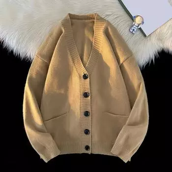 Осень-зима мужской свитер кардиган с V-образным вырезом трикотажный толстый эластичный длинный рукав облегающий теплый однотонный трикотаж для повседневной носки XL абрикосовый