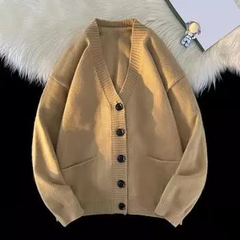 Осень-зима мужской свитер кардиган с V-образным вырезом, толстый эластичный, с длинными рукавами, облегающий, теплый, однотонный, трикотаж, повседневная одежда, свитер, пальто XL абрикосовый