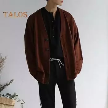 Осень-зима мужской свитер кардиган с V-образным вырезом трикотажный толстый эластичный длинный рукав свободный стиль преппи теплый однотонный трикотаж повседневная одежда свитер пальто M светло-серый