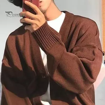 Осень-зима мужской свитер кардиган с V-образным вырезом трикотажный толстый эластичный длинный рукав свободный стиль преппи теплый однотонный трикотаж повседневная одежда свитер пальто M светло-серый