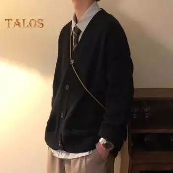 Осень-зима мужской свитер кардиган с V-образным вырезом трикотажный толстый эластичный длинный рукав свободный стиль преппи теплый однотонный трикотаж повседневная одежда свитер пальто M коричневый