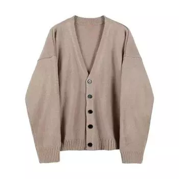 Осень-зима мужской свитер кардиган с V-образным вырезом трикотажный толстый эластичный длинный рукав свободный стиль преппи теплый однотонный трикотаж повседневная одежда свитер пальто M светло-серый