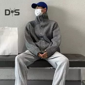 Осень-зима мужской свитер кардиган с высоким воротником и защитой шеи трикотаж плотный эластичный с длинными рукавами свободный теплый однотонный трикотаж повседневная одежда свитер пальто M чёрный