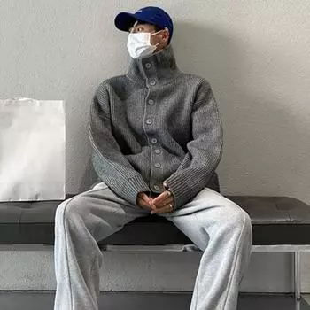 Осень-зима мужской свитер кардиган с высоким воротником и защитой шеи трикотаж плотный эластичный с длинными рукавами свободный теплый однотонный трикотаж повседневная одежда свитер пальто M абрикосовый