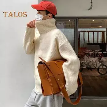 Осень-зима мужской свитер кардиган с высоким воротником и защитой шеи трикотаж плотный эластичный с длинными рукавами свободный теплый однотонный трикотаж повседневная одежда свитер пальто M чёрный