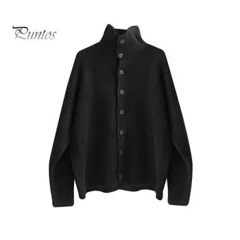 Осень-зима мужской свитер кардиган с высоким воротником и защитой шеи трикотаж плотный эластичный с длинными рукавами свободный теплый однотонный трикотаж повседневная одежда свитер пальто M чёрный