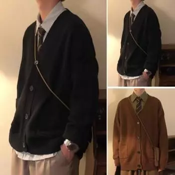 Осень-зима мужской свитер кардиган V-образный вырез трикотажный толстый эластичный длинный рукав M коричневый