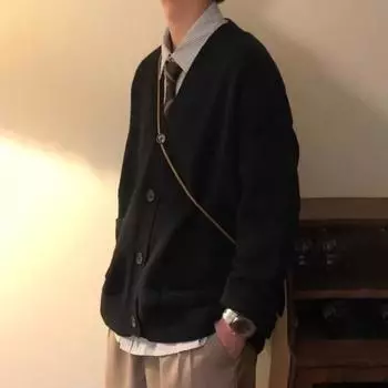 Осень-зима мужской свитер кардиган V-образный вырез трикотажный толстый эластичный длинный рукав M коричневый