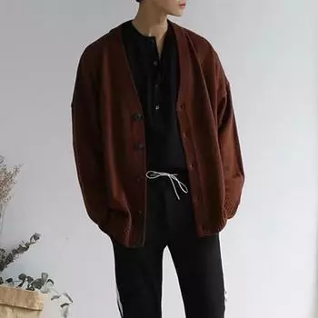 Осень-зима мужской свитер кардиган V-образный вырез трикотажный толстый эластичный длинный M светло-серый