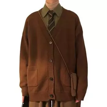 Осень-зима мужской свитер кардиган V-образный вырез трикотажный толстый эластичный длинный рукав M коричневый