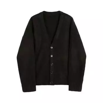 Осень-зима мужской свитер кардиган V-образный вырез трикотажный толстый эластичный длинный рукав свободный M чёрный