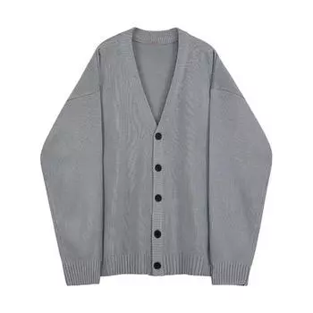 Осень-зима мужской свитер кардиган V-образный вырез трикотажный толстый эластичный длинный рукав M чёрный