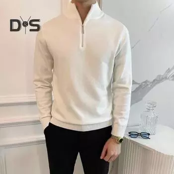 Осень-зима мужской свитер на молнии с полувысоким воротником и длинными рукавами, трикотажный толстый теплый однотонный пуловер, эластичный повседневный трикотаж L белый