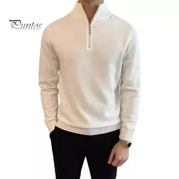 Осень-зима мужской свитер на молнии с полувысоким воротником и длинными рукавами, трикотажный толстый теплый однотонный пуловер, эластичный повседневный трикотаж M белый