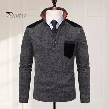 Осень-зима мужской свитер на молнии с воротником-стойкой, длинными рукавами, толстый трикотажный свитер с нагрудным карманом, облегающий теплый повседневный топ средней длины M темно-синий
