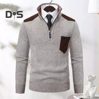 Осень-зима мужской свитер на молнии с воротником-стойкой, длинными рукавами, толстый трикотажный свитер с нагрудным карманом, облегающий теплый повседневный топ средней длины M серый
