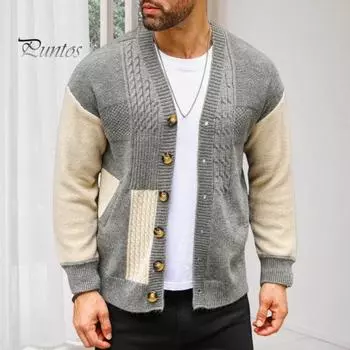 Осень-зима Мужской свитер Пальто с карманами Однобортный V-образный вырез Цветные пуговицы Трикотаж Длинные рукава Эластичный трикотаж Толстая куртка M серый