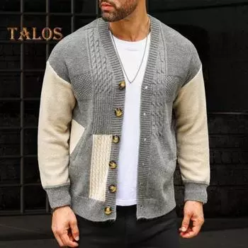 Осень-зима Мужской свитер Пальто с карманами Однобортный V-образный вырез Цветные пуговицы Трикотаж Длинные рукава Эластичный трикотаж Толстая куртка M серый