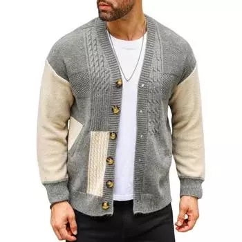 Осень-зима Мужской свитер Пальто с карманами Однобортный V-образный вырез Цветные пуговицы Трикотаж Длинные рукава Эластичный трикотаж Толстая куртка M серый