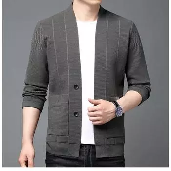 Осень-зима мужской свитер пальто V-образный вырез сплошной карманы пуговицы мода роскошь смарт-кэжуал тонкий длинный рукав кардиган вязаные топы L чёрный