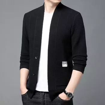 Осень-зима мужской свитер пальто V-образный вырез сплошной карманы пуговицы мода роскошь смарт-кэжуал тонкий длинный рукав кардиган вязаные топы M серый