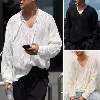 Осень-зима мужской свитер с ажурной резинкой и длинными рукавами, однотонный трикотажный пуловер с V-образным вырезом, средней длины, теплый трикотаж M чёрный