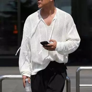 Осень-зима мужской свитер с ажурной резинкой и длинными рукавами, однотонный цвет M чёрный