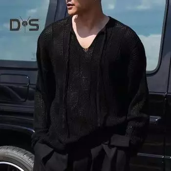 Осень-зима мужской свитер с ажурной резинкой и длинными рукавами, однотонный трикотажный пуловер с V-образным вырезом, средней длины, теплый трикотаж M чёрный