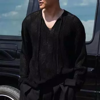 Осень-зима мужской свитер с ажурной резинкой и длинными рукавами, однотонный трикотажный пуловер с V-образным вырезом, средней длины, теплый трикотаж M чёрный
