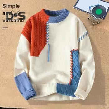 Осень-зима мужской свитер с цветными блоками, срезами, с круглым вырезом, свободный вязаный пуловер, толстый теплый свитер с низом, повседневная одежда, работа, свидание, свитер L оранжевый