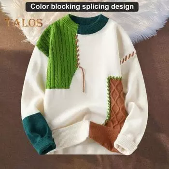 Осень-зима мужской свитер с цветными блоками, срезами, с круглым вырезом, свободный вязаный пуловер, толстый теплый свитер с низом, повседневная одежда, работа, свидание, свитер L зелёный