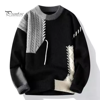 Осень-зима мужской свитер с цветными блоками, срезами, с круглым вырезом, свободный вязаный пуловер, толстый теплый свитер с низом, повседневная одежда, работа, свидание, свитер M серый