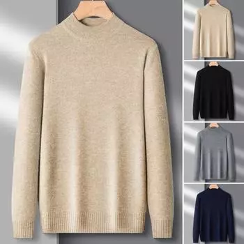 Осень-зима мужской свитер с круглым вырезом, вязка, толстый эластичный, длинные рукава, облегающий, теплый M чёрный