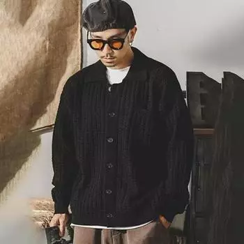 Осень-зима мужской свитер с отложным воротником, однобортный, плотный трикотаж с нагрудным карманом, длинные рукава, однотонный эластичный свитер, пальто L чёрный