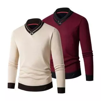 Осень-зима мужской свитер с V-образным вырезом вязаный толстый эластичный теплый пуловер с длинными рукавами Slim Fit контрастного цвета средней длины мужское термобелье 3XL бежевый
