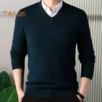 Осень-зима мужской свитер с V-образным вырезом, трикотажный однотонный эластичный пуловер средней длины, формальный деловой стиль, свитер M темно-синий