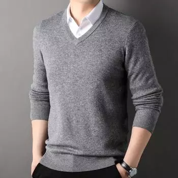 Осень-зима мужской свитер с V-образным вырезом, трикотажный однотонный эластичный пуловер средней длины, формальный деловой стиль, свитер M темно-синий