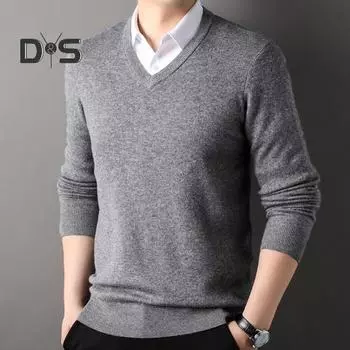 Осень-зима мужской свитер с V-образным вырезом, трикотажный однотонный эластичный пуловер средней длины, формальный деловой стиль, свитер M серый