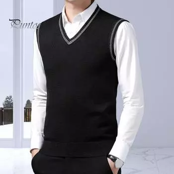 Осень-зима мужской свитер с V-образным вырезом, трикотажный однотонный эластичный трикотажный свитер без рукавов средней длины, формальный деловой стиль, свитер M чёрный