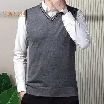Осень-зима мужской свитер с V-образным вырезом, трикотажный однотонный эластичный трикотажный свитер без рукавов средней длины, формальный деловой стиль, свитер M чёрный