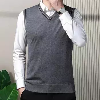 Осень-зима мужской свитер с V-образным вырезом, трикотажный однотонный эластичный трикотаж без рукавов, пуловер M серый