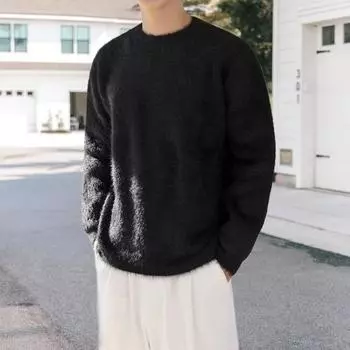 Осень-зима мужской свитер свободный толстый вязаный пушистый однотонный круглый вырез M белый