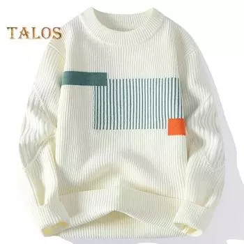 Осень-зима мужской свитер толстый свободный трикотажный цветной круглый вырез длинный рукав пуловер эластичный повседневная спортивная деловая повседневная одежда свитер M белый