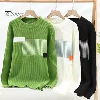 Осень-зима мужской свитер толстый свободный трикотажный цветной круглый вырез длинный рукав пуловер эластичный повседневная спортивная деловая повседневная одежда свитер M чёрный