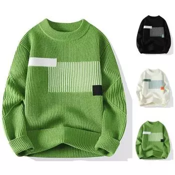 Осень-зима мужской свитер толстый свободный вязаный цветной блок круглый вырез длинный рукав пуловер M зелёный