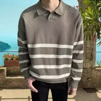 Осень-зима мужской свитер в полоску с цветными блоками, отложным воротником, трикотажный свободный с длинными рукавами M зелёный