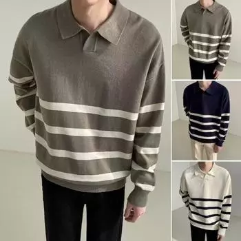 Осень-зима мужской свитер в полоску с цветными блоками, отложным воротником, трикотажный свободный с длинными рукавами M синий