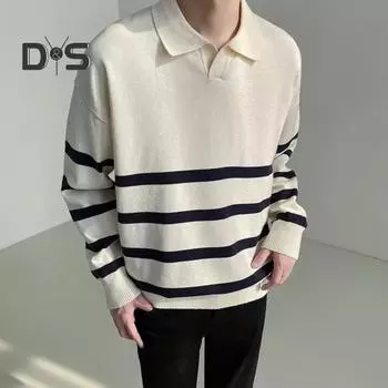 Осень-зима мужской свитер в полоску с цветными блоками и отложным воротником, свободный трикотажный свитер с длинными рукавами, свободный трикотажный свитер для школы в английском стиле L синий