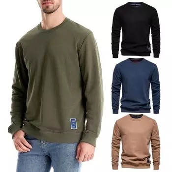 Осень-зима Мужской свободный топ с круглым вырезом и длинными рукавами Однотонный теплый пуловер средней длины M армия зеленый