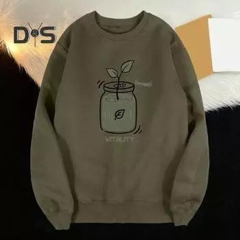 Осень-зима мужской топ с круглым вырезом, свободный, чистый цвет, растительный принт, эластичные манжеты, пуловер средней длины, спортивная повседневная одежда, школьная толстовка L зелёный